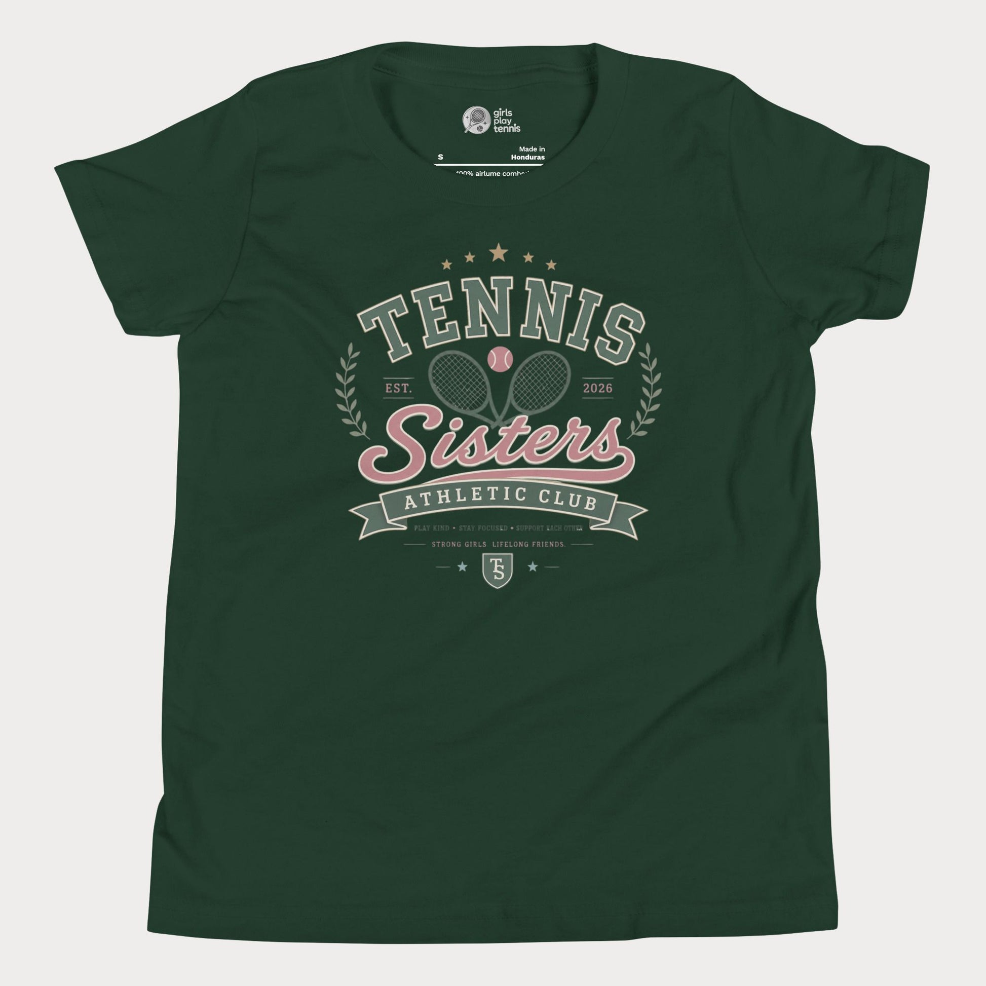 Green t-shirt with 'Tennis Sisters Athletic Club' design on a white background