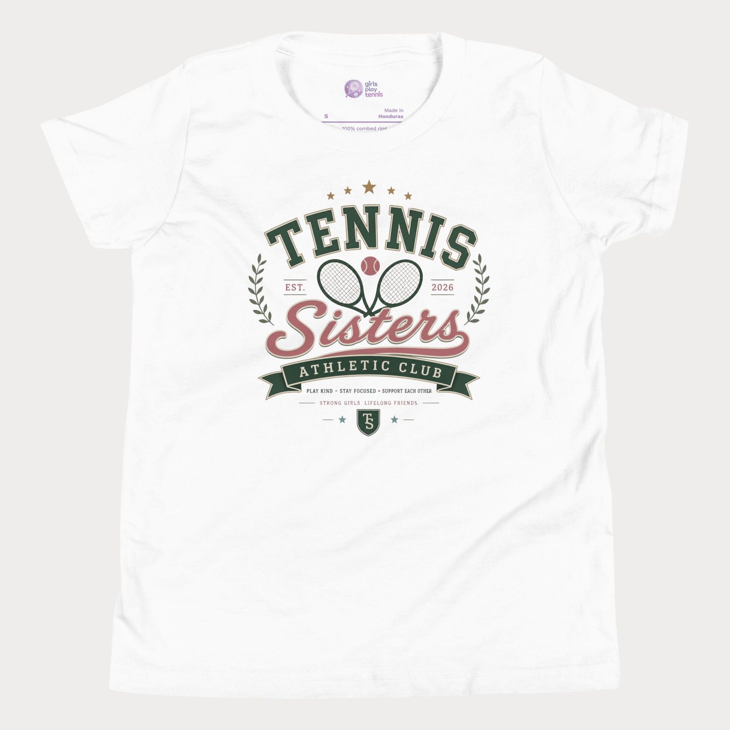 White t-shirt with 'Tennis Sisters Athletic Club' design on a white background