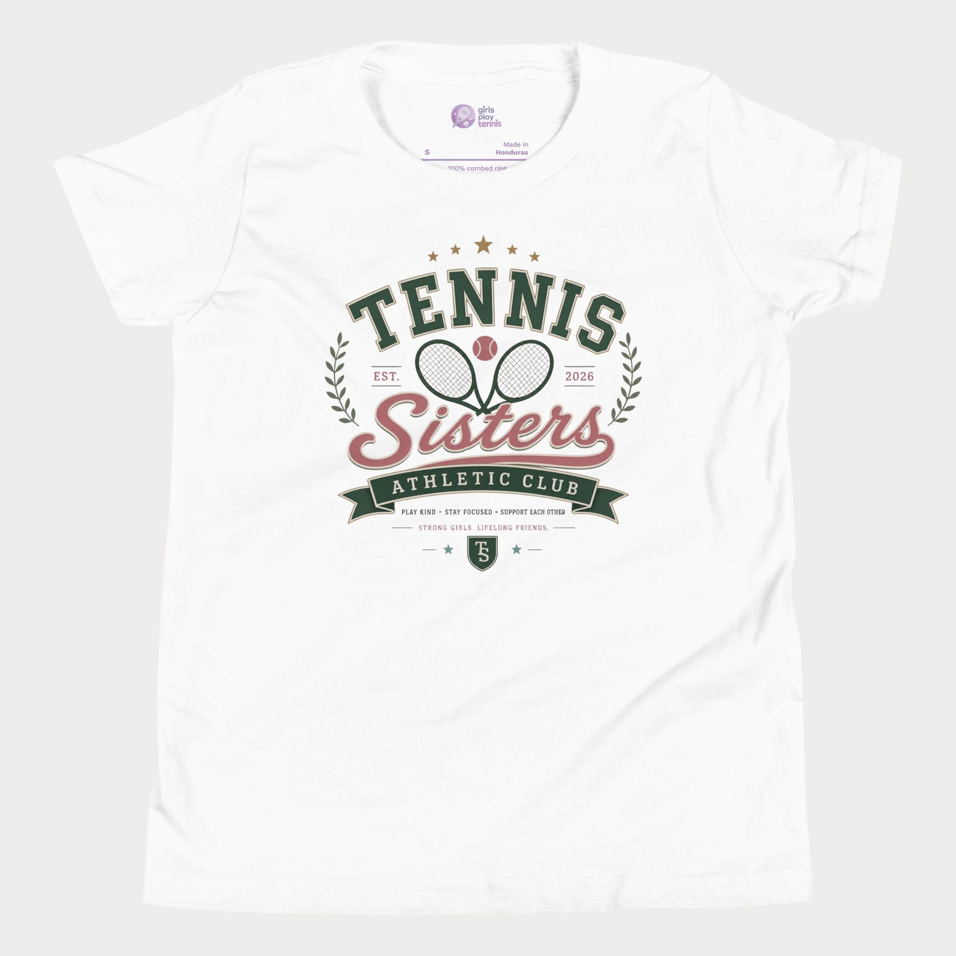 White t-shirt with 'Tennis Sisters Athletic Club' design on a white background