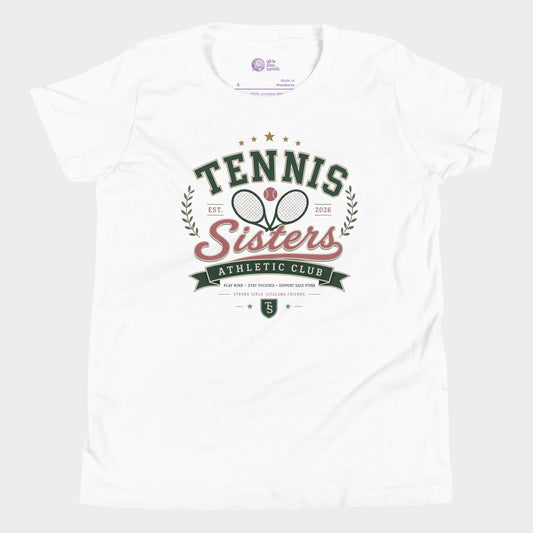 White t-shirt with 'Tennis Sisters Athletic Club' design on a white background