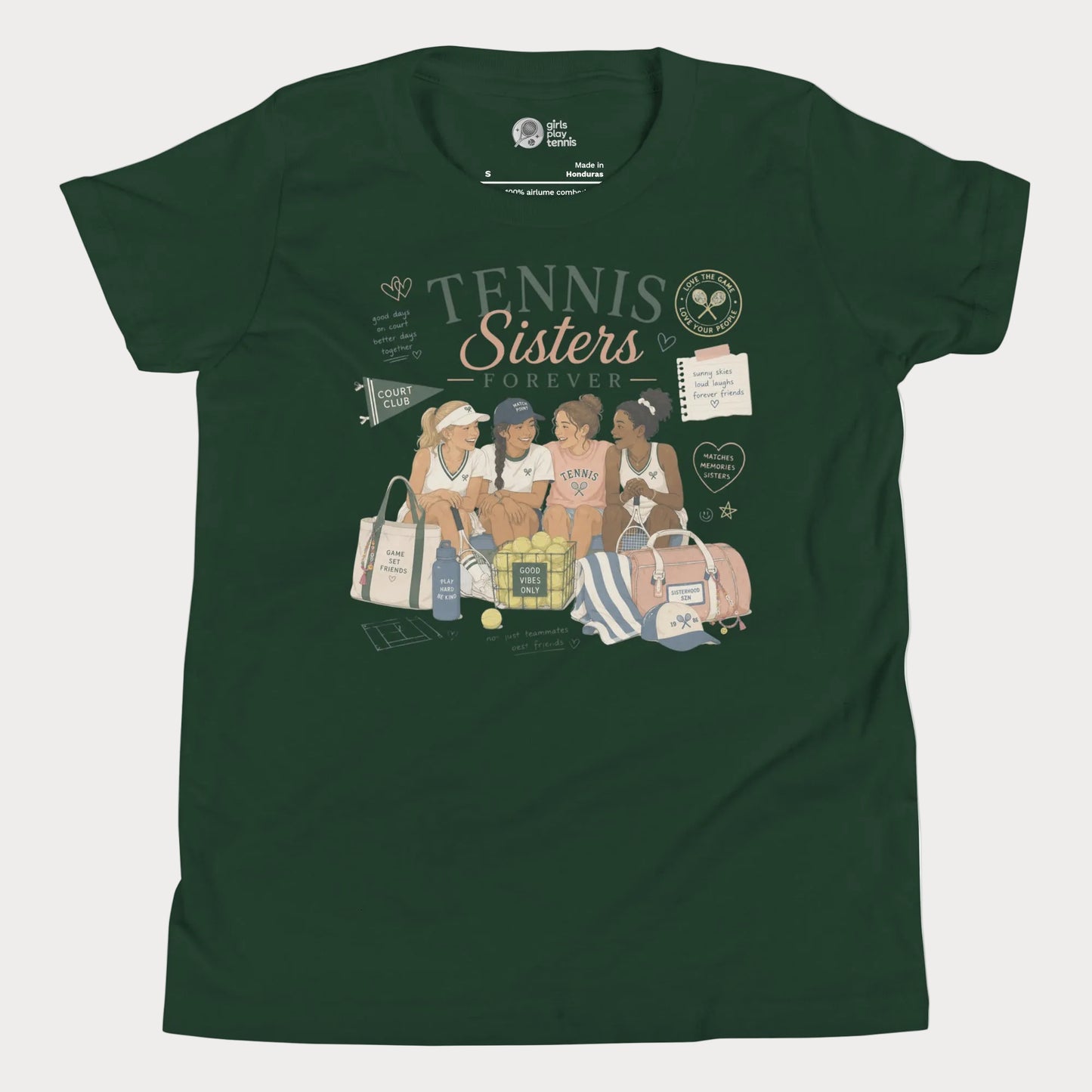 Girls tennis lifestyle t-shirt featuring nostalgic summer camp-inspired tennis illustration