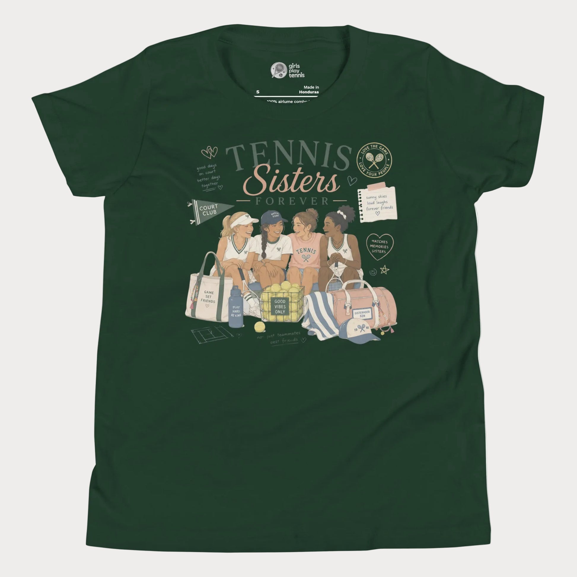 Girls tennis lifestyle t-shirt featuring nostalgic summer camp-inspired tennis illustration
