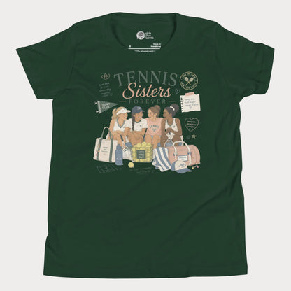 Girls tennis lifestyle t-shirt featuring nostalgic summer camp-inspired tennis illustration