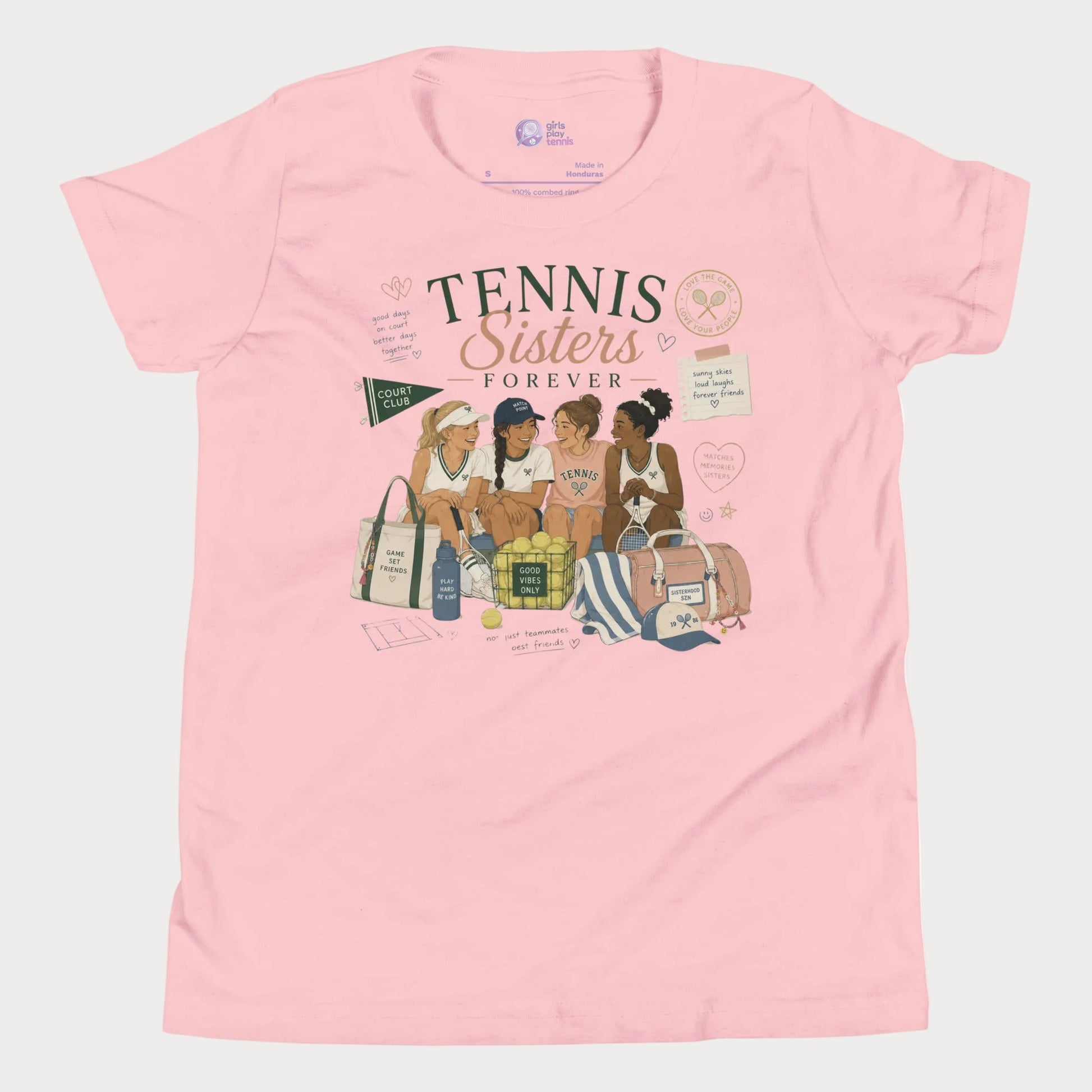 Girls tennis lifestyle t-shirt featuring nostalgic summer camp-inspired tennis illustration