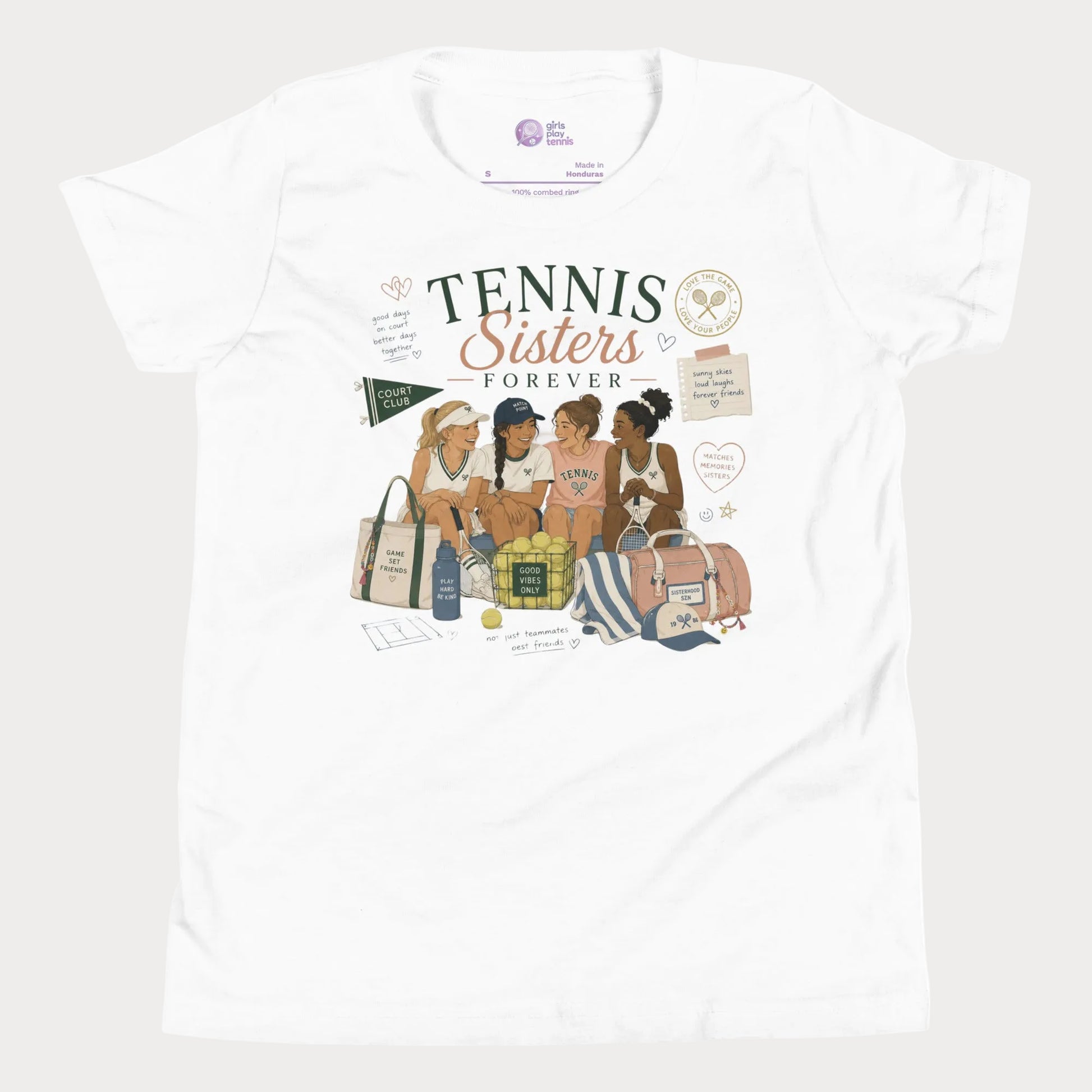 Girls tennis lifestyle t-shirt featuring nostalgic summer camp-inspired tennis illustration