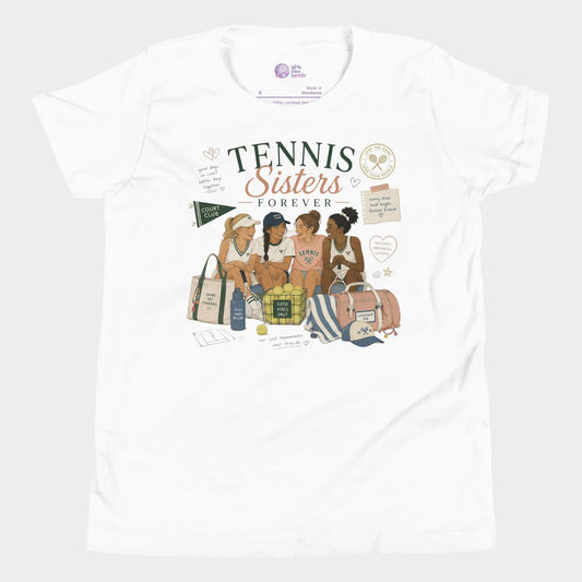 Girls tennis lifestyle t-shirt featuring nostalgic summer camp-inspired tennis illustration