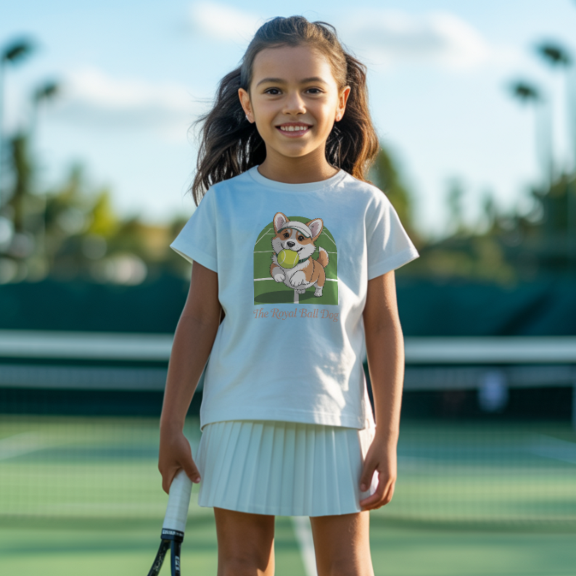 Young girl standing on a grass tennis court and wearing a cute girls' tennis t-shirt featuring a cartoon corgi with a tennis ball on a green grass court background, captioned "The Royal Ball Dog" 