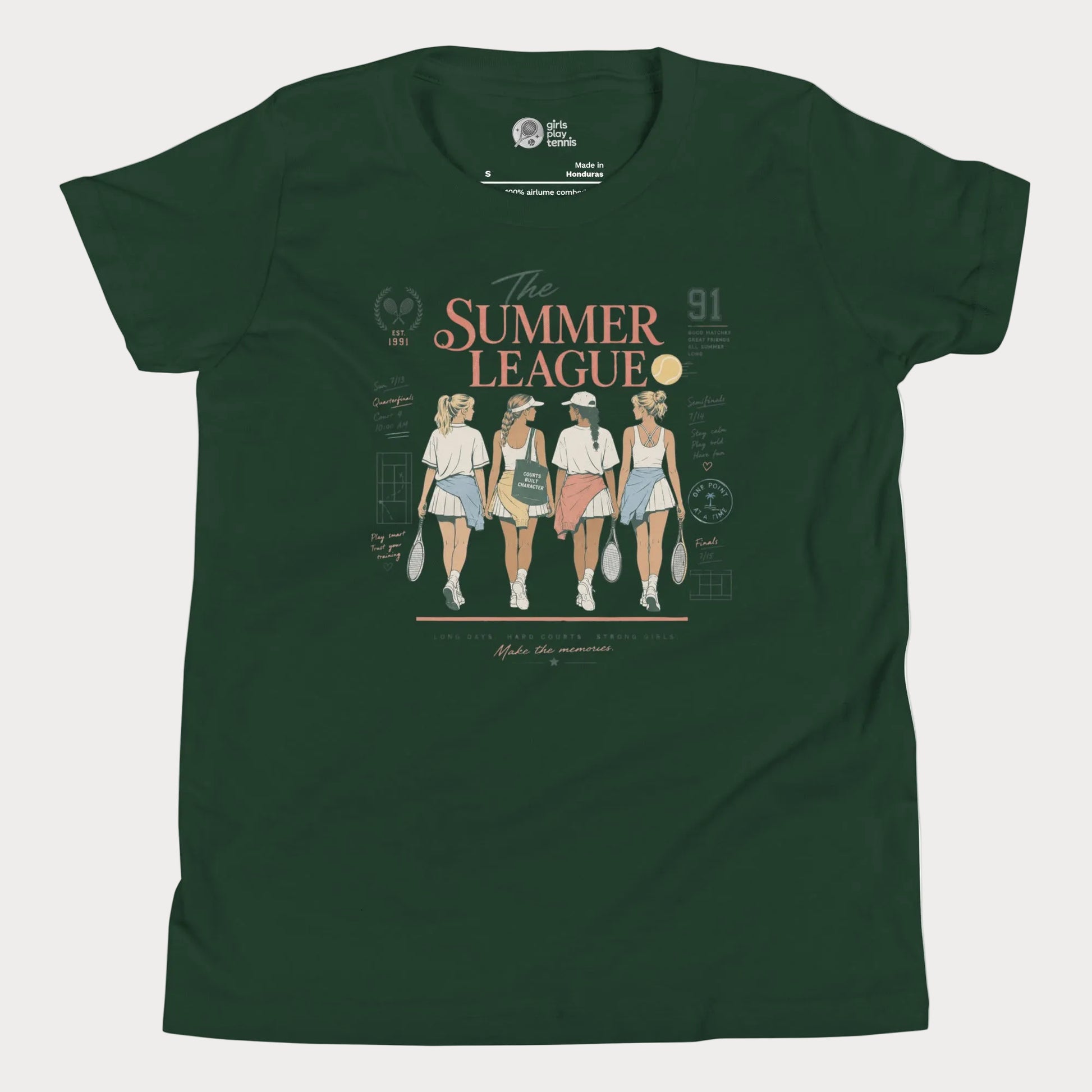 Girl’s forest green Summer League tennis t-shirt with nostalgic vintage-inspired artwork celebrating friendship, summer tennis, and life around the courts.