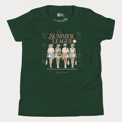 Girl’s forest green Summer League tennis t-shirt with nostalgic vintage-inspired artwork celebrating friendship, summer tennis, and life around the courts.