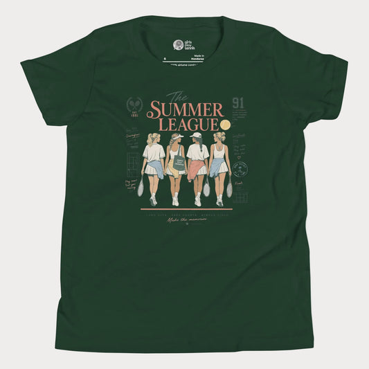 Girl’s forest green Summer League tennis t-shirt with nostalgic vintage-inspired artwork celebrating friendship, summer tennis, and life around the courts.