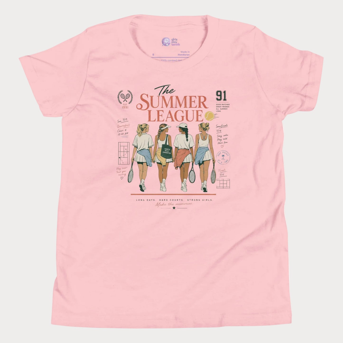 Girl’s pink Summer League tennis t-shirt with nostalgic vintage-inspired artwork celebrating friendship, summer tennis, and life around the courts.