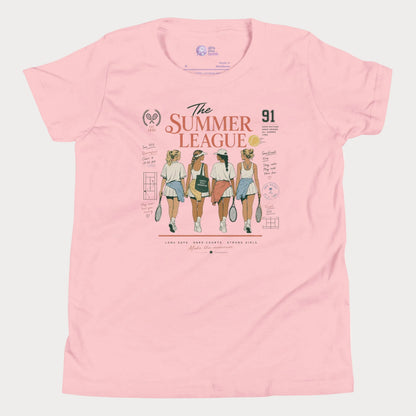 Girl’s pink Summer League tennis t-shirt with nostalgic vintage-inspired artwork celebrating friendship, summer tennis, and life around the courts.