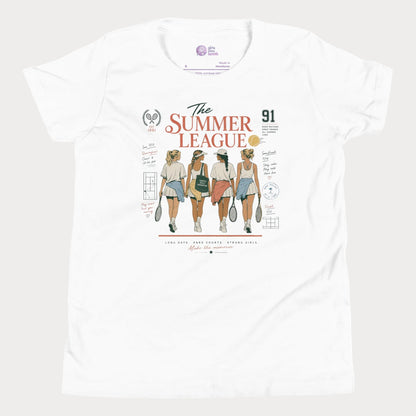 Girl’s white Summer League tennis t-shirt with nostalgic vintage-inspired artwork celebrating friendship, summer tennis, and life around the courts.