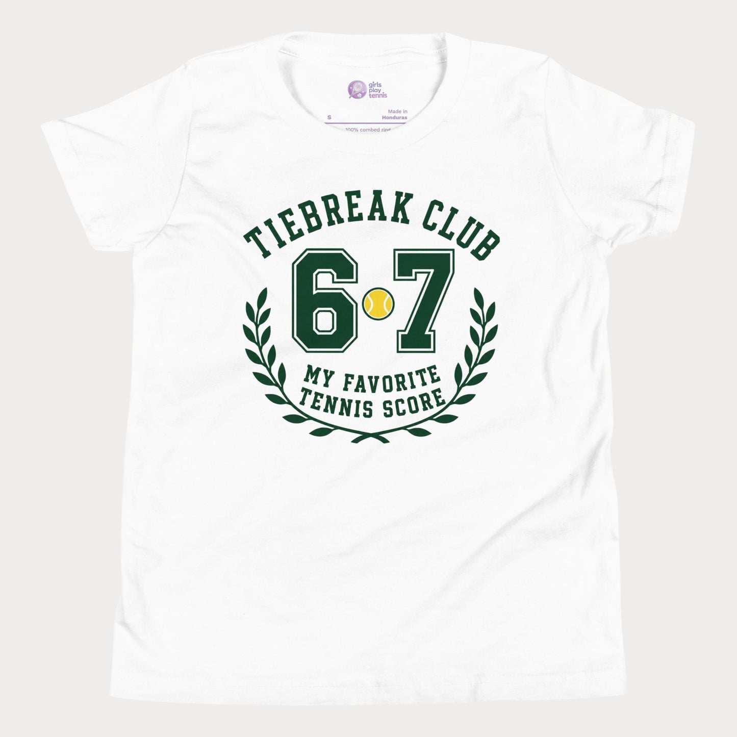 A white short-sleeve crewneck t-shirt featuring a green and yellow graphic print on the front that reads 'TIEBREAK CLUB 6.7 MY FAVORITE TENNIS SCORE' with a laurel wreath.