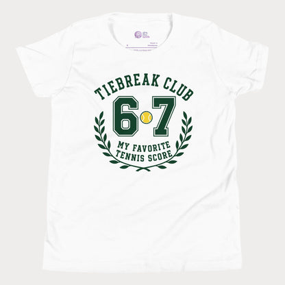 A white short-sleeve crewneck t-shirt featuring a green and yellow graphic print on the front that reads 'TIEBREAK CLUB 6.7 MY FAVORITE TENNIS SCORE' with a laurel wreath.