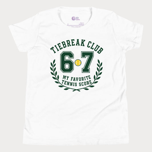 A white short-sleeve crewneck t-shirt featuring a green and yellow graphic print on the front that reads 'TIEBREAK CLUB 6.7 MY FAVORITE TENNIS SCORE' with a laurel wreath.