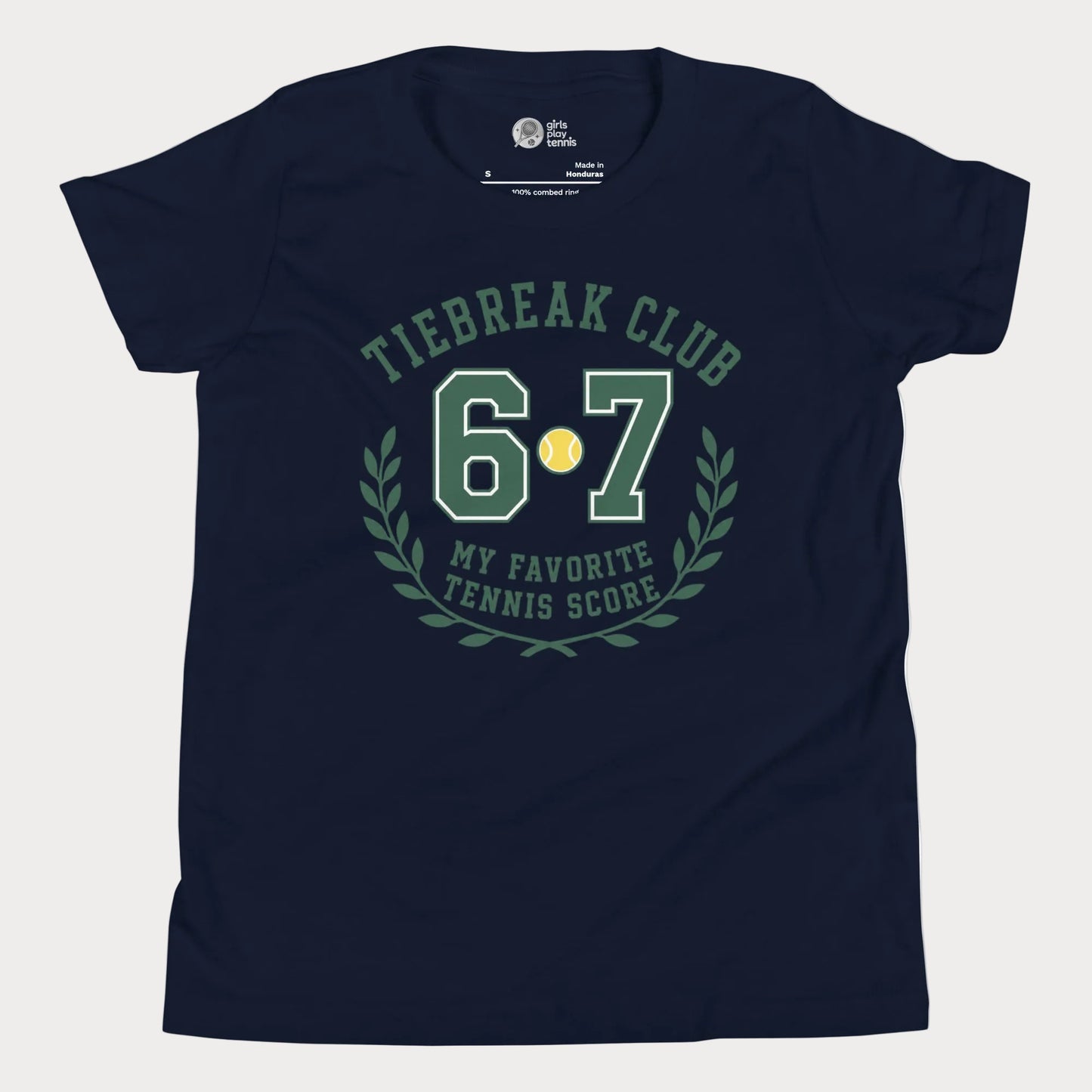Navy tennis t-shirt with forest green Tiebreak Club 6-7 varsity graphic and laurel wreath design.