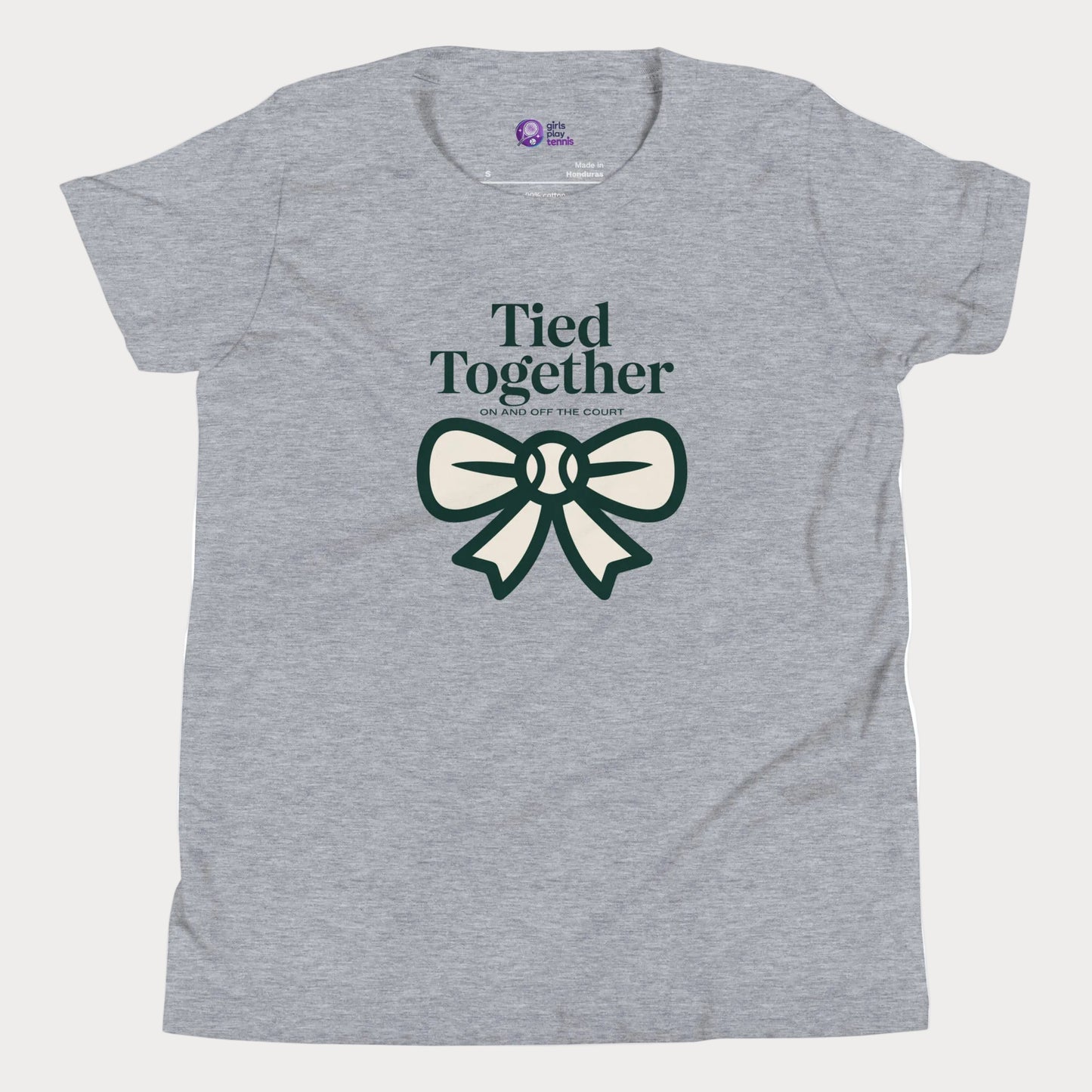 Tied Together tennis t-shirt in athletic grey with green bow graphic for girls and women