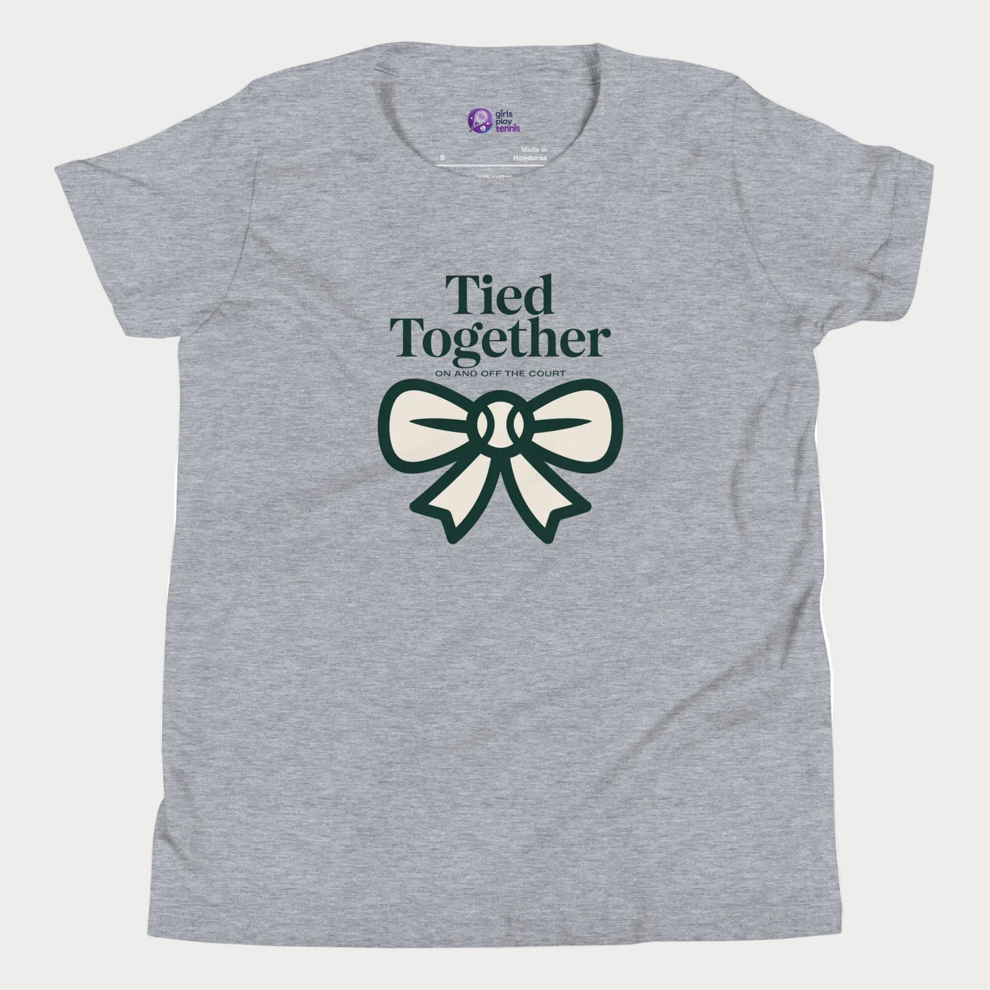 Tied Together tennis t-shirt in athletic grey with green bow graphic for girls and women