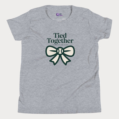 Tied Together tennis t-shirt in athletic grey with green bow graphic for girls and women
