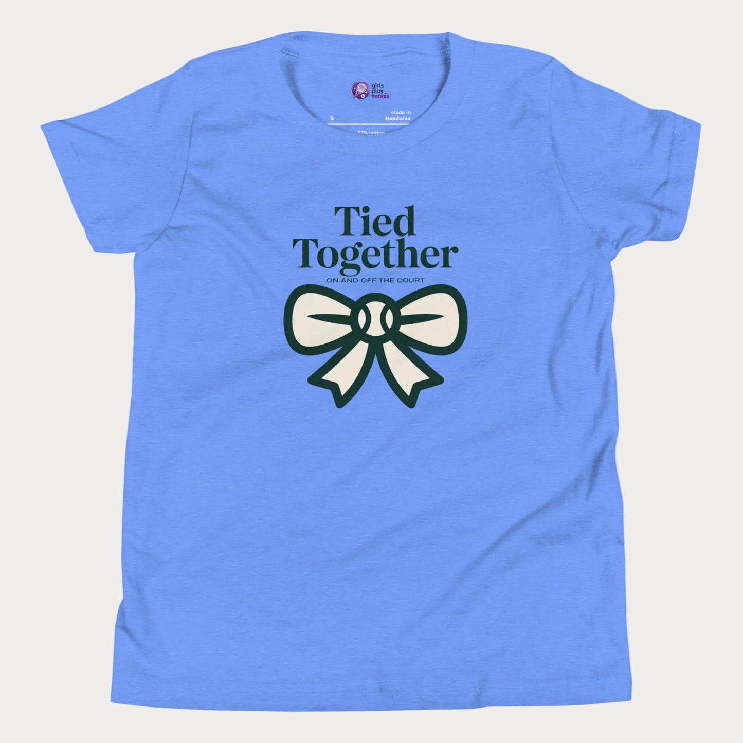 Tied Together tennis t-shirt in blue with green bow graphic for girls and women