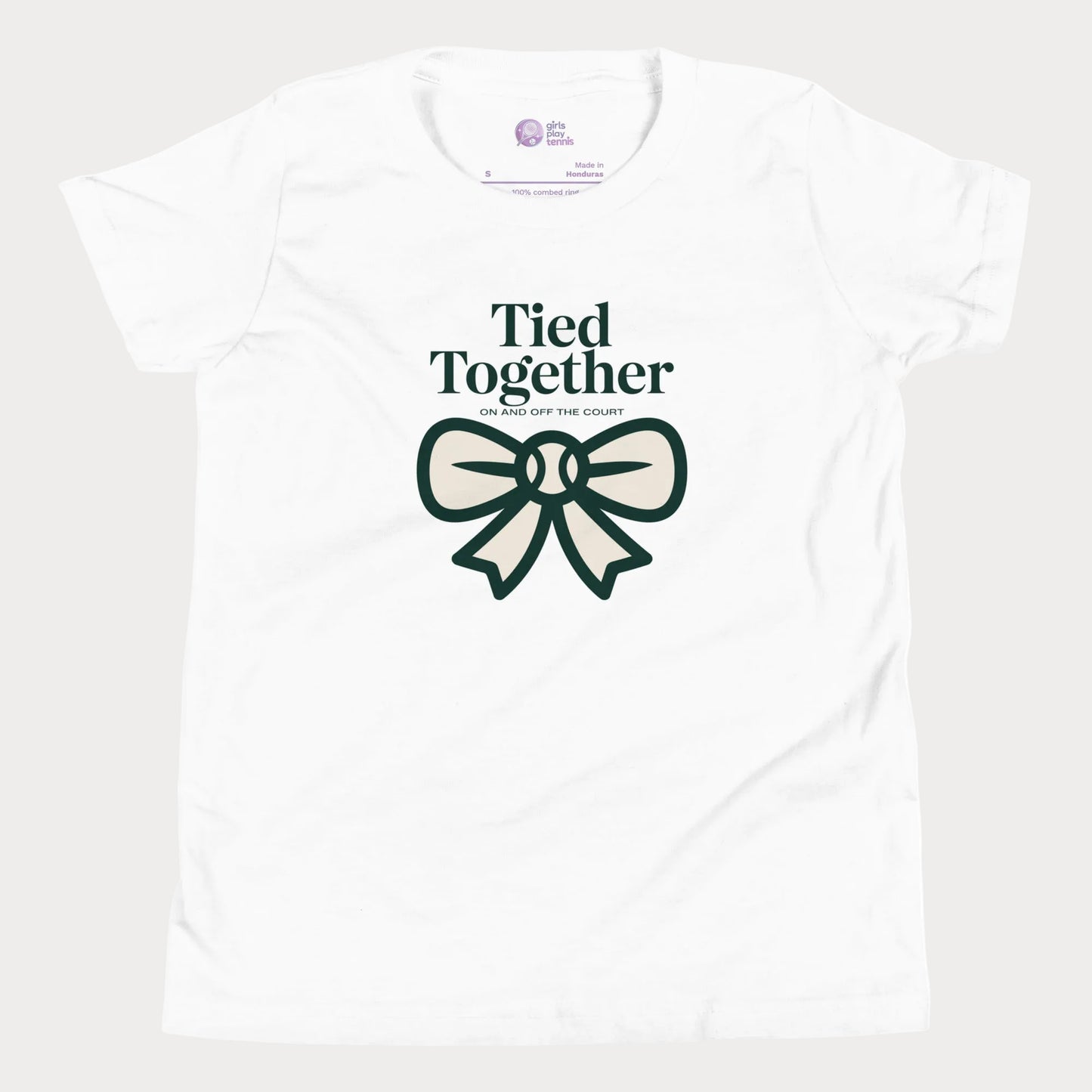 Tied Together tennis t-shirt in white with green bow graphic for girls and women