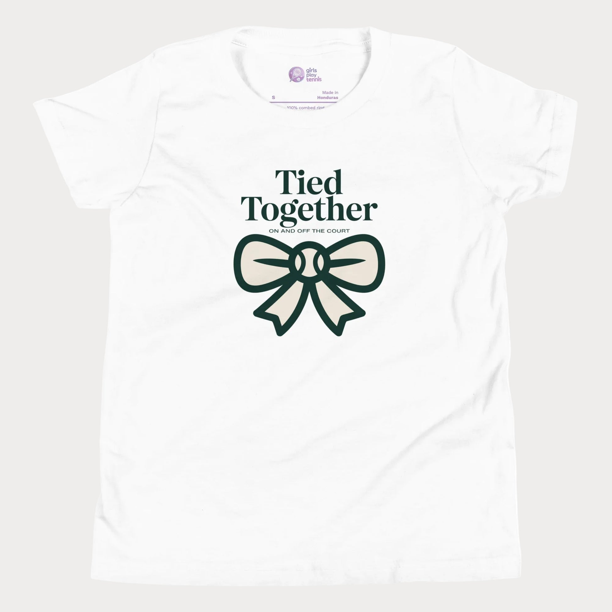 Tied Together tennis t-shirt in white with green bow graphic for girls and women