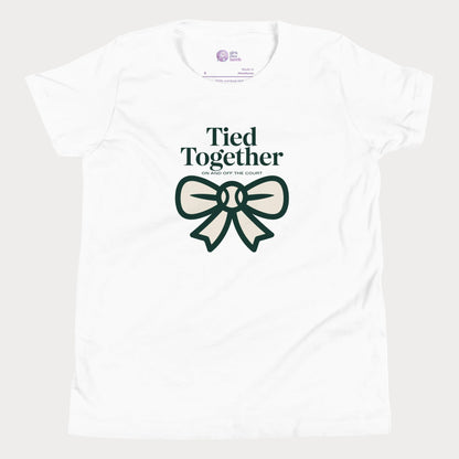 Tied Together tennis t-shirt in white with green bow graphic for girls and women