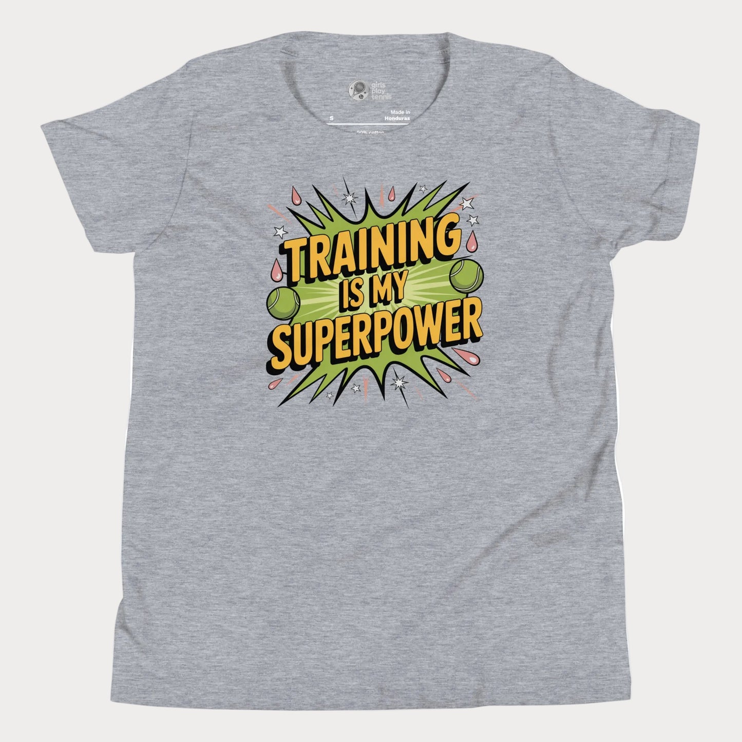 Training Is My Superpower girls tennis t-shirt in athletic grey with bold motivational graphic design