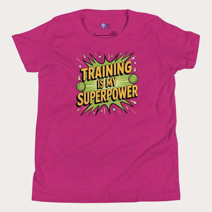Training Is My Superpower girls tennis t-shirt in berry with bold motivational graphic design