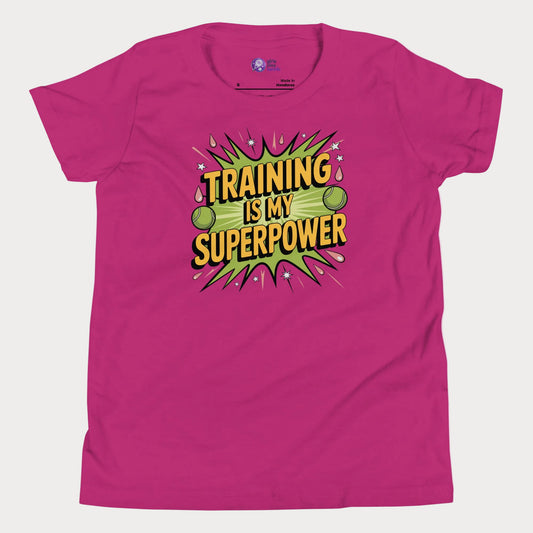 Training Is My Superpower girls tennis t-shirt in berry with bold motivational graphic design
