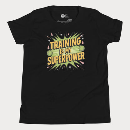 Training Is My Superpower girls tennis t-shirt in black with bold motivational graphic design
