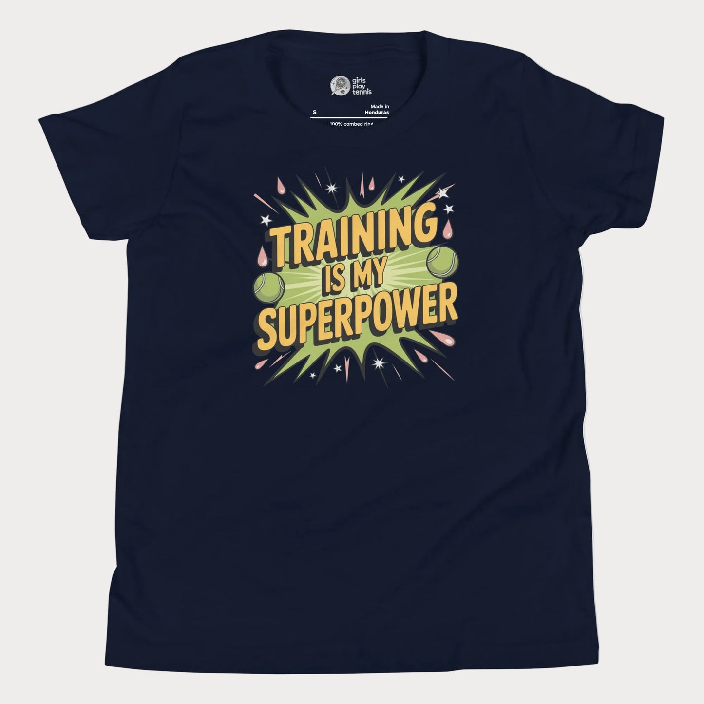 Training Is My Superpower girls tennis t-shirt in navy with bold motivational graphic design