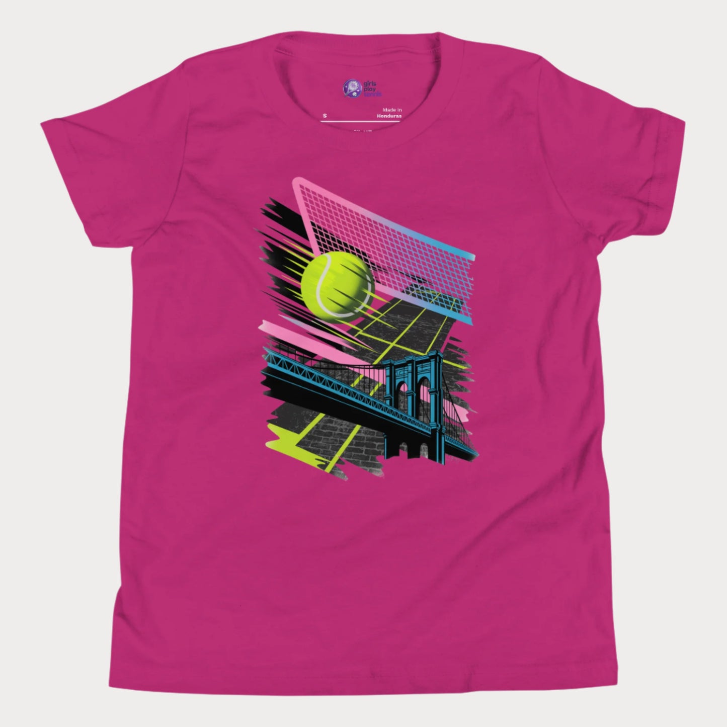 Girls pink tennis t-shirt with neon tennis ball and iconic NYC landmark design