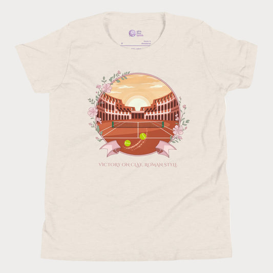 Victory on Clay girls and women’s tennis tee in navy inspired by European clay court season.