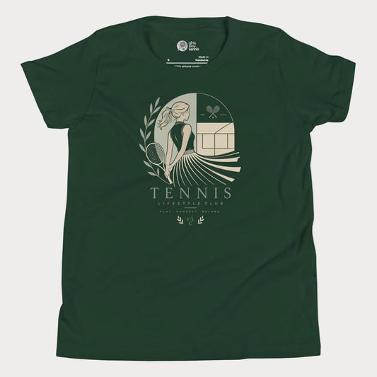 Forest green girls and women's tennis lifestyle tee featuring editorial-inspired resort tennis artwork