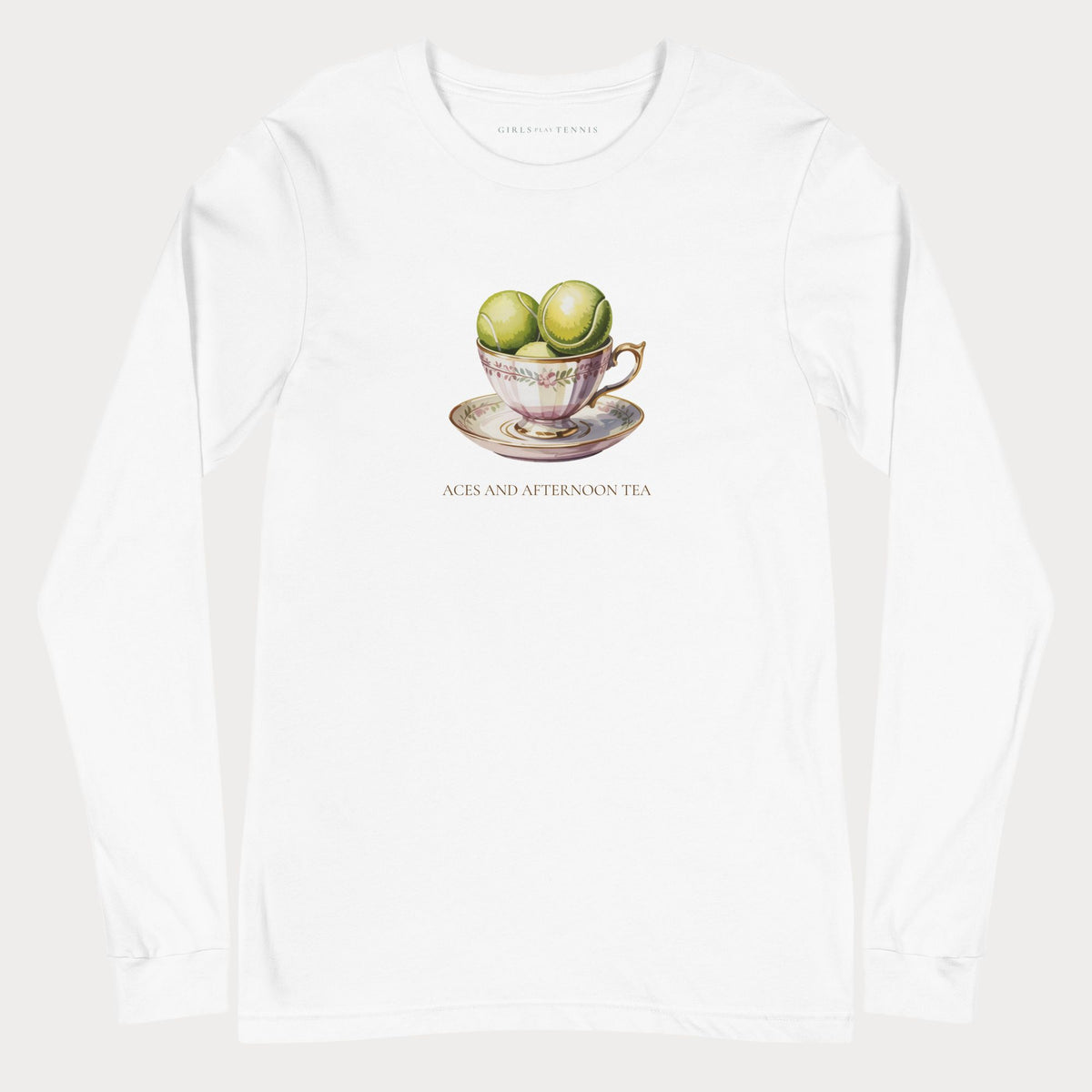 White Aces and Afternoon Tea women's tennis long-sleeve T-shirt with a teacup filled with tennis balls above the words Aces and Afternoon Tea