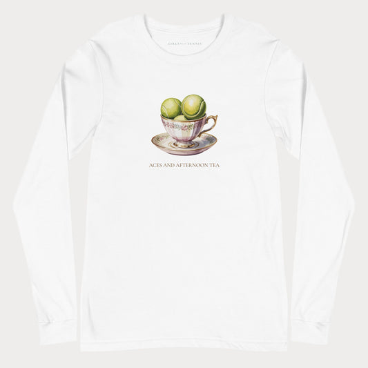 White Aces and Afternoon Tea women's tennis long-sleeve T-shirt with a teacup filled with tennis balls above the words Aces and Afternoon Tea