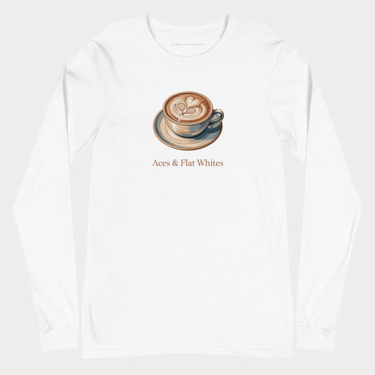 White Aces & Flat Whites women's tennis long-sleeve T-shirt with a latte art cup graphic above the words Aces & Flat Whites