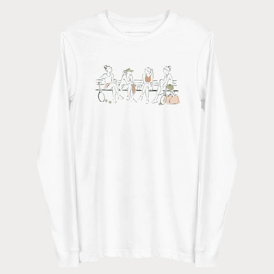 White Baseline Conversations women's tennis long-sleeve T-shirt with a line illustration of four women in tennis outfits sitting on a bench