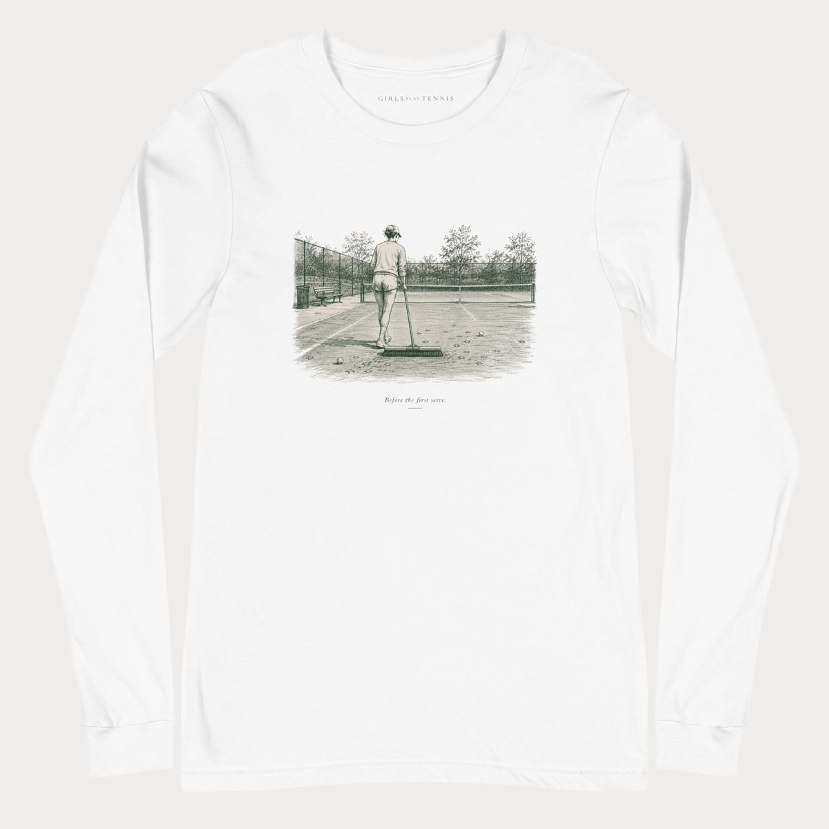 White Before the First Serve women's tennis long-sleeve T-shirt with a pen-and-ink illustration of a person with a broom on a tennis court