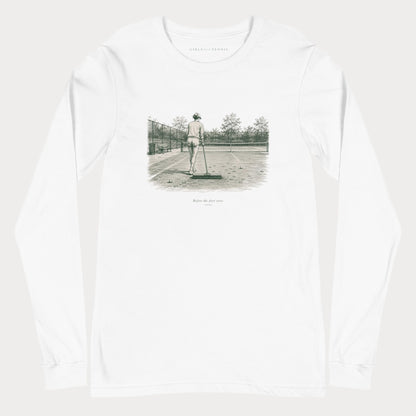 White Before the First Serve women's tennis long-sleeve T-shirt with a pen-and-ink illustration of a person with a broom on a tennis court