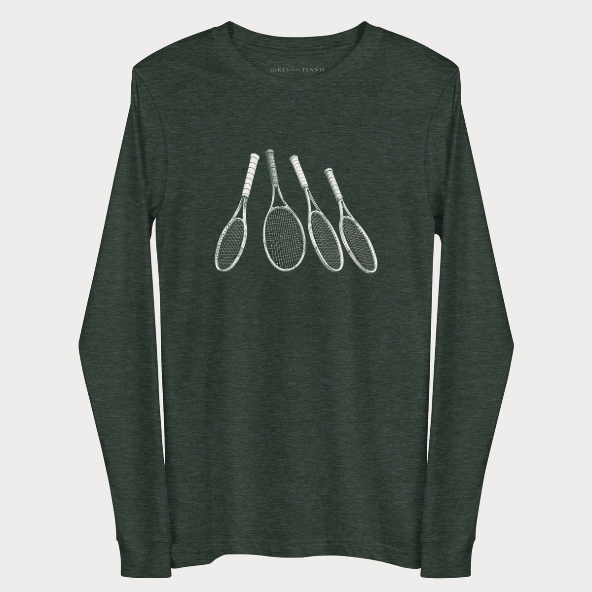 Heather forest green Four Rackets women's tennis long-sleeve T-shirt with four fanned tennis rackets in pale linework