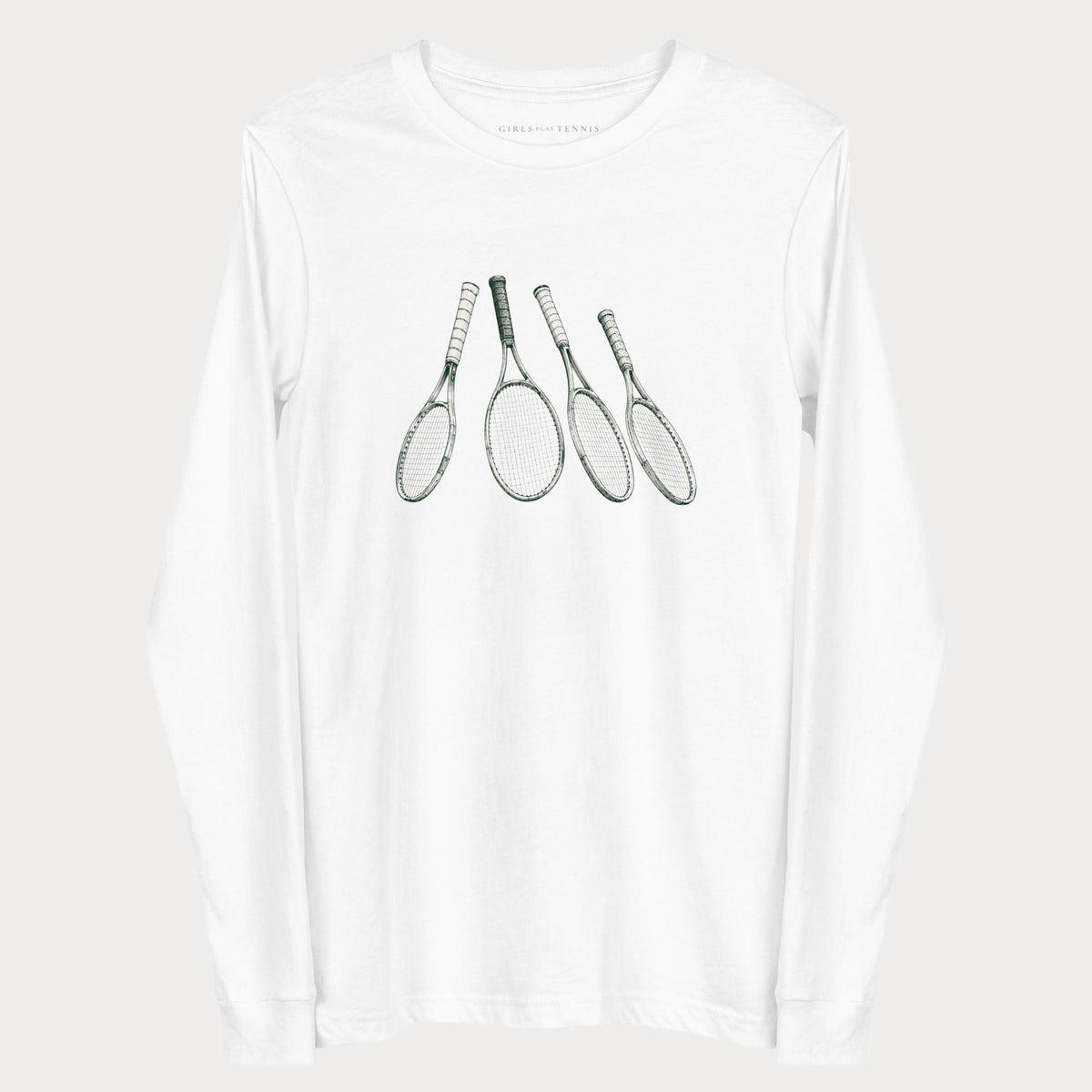 White Four Rackets women's tennis long-sleeve T-shirt with four fanned tennis rackets in fine dark linework