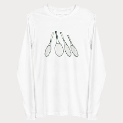 White Four Rackets women's tennis long-sleeve T-shirt with four fanned tennis rackets in fine dark linework