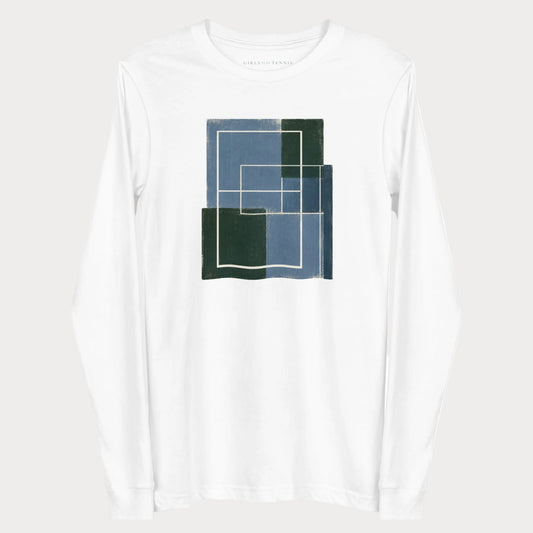 White Hard Court Study No. 3 women's tennis long-sleeve T-shirt with an abstract steel blue and dark green tennis court print