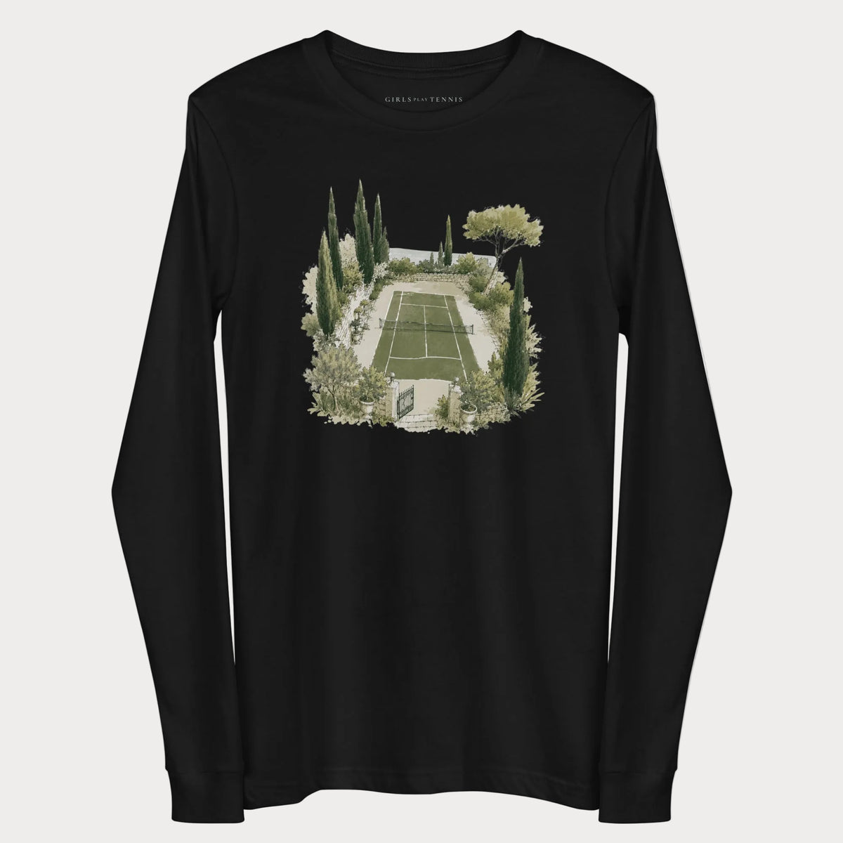 Black Hidden Court women's tennis long-sleeve T-shirt with an illustration of a garden tennis court framed by cypress trees