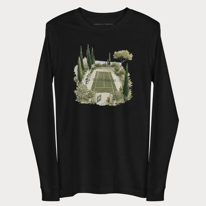 Black Hidden Court women's tennis long-sleeve T-shirt with an illustration of a garden tennis court framed by cypress trees