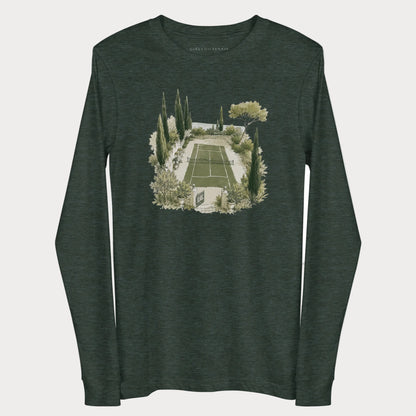 Heather forest green Hidden Court women's tennis long-sleeve T-shirt with an illustration of a garden tennis court framed by cypress trees