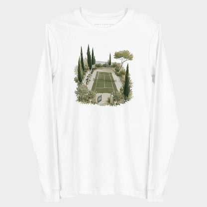 White Hidden Court women's tennis long-sleeve T-shirt with an illustration of a garden tennis court framed by cypress trees